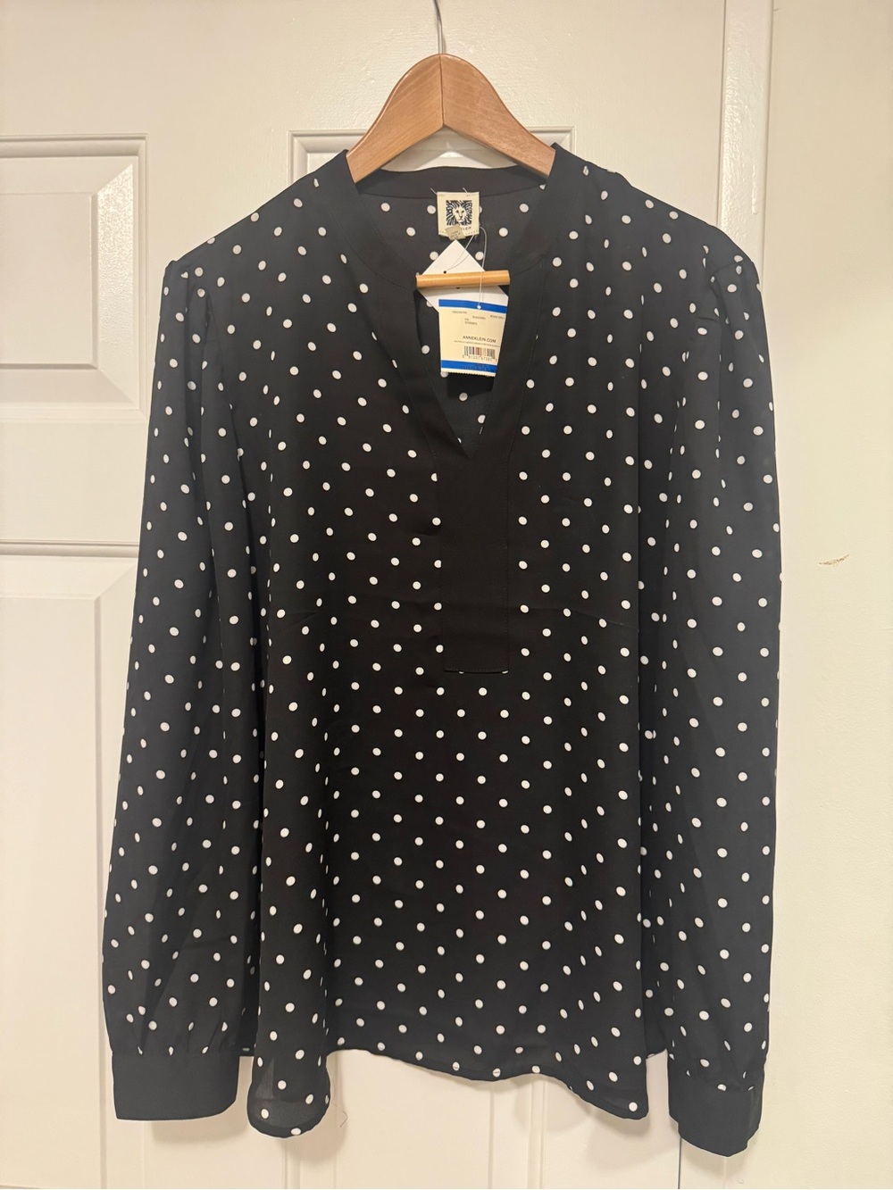 Anne Klein Black and White Polka Dot Long-Sleeve Blouse